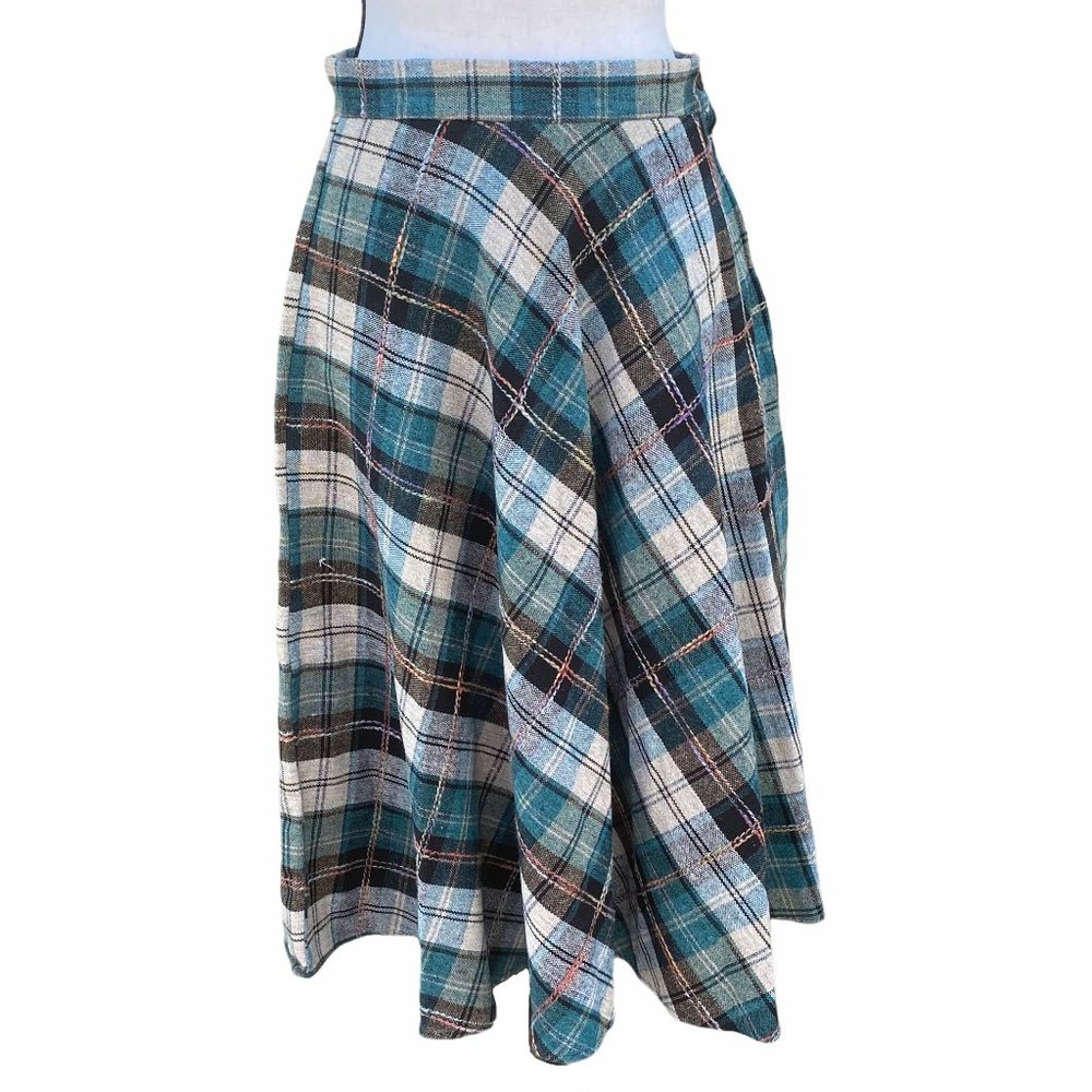Charming Scene Womens Midi Skirt size 13/14 Green Gray Plaid Wool Blend Vintage